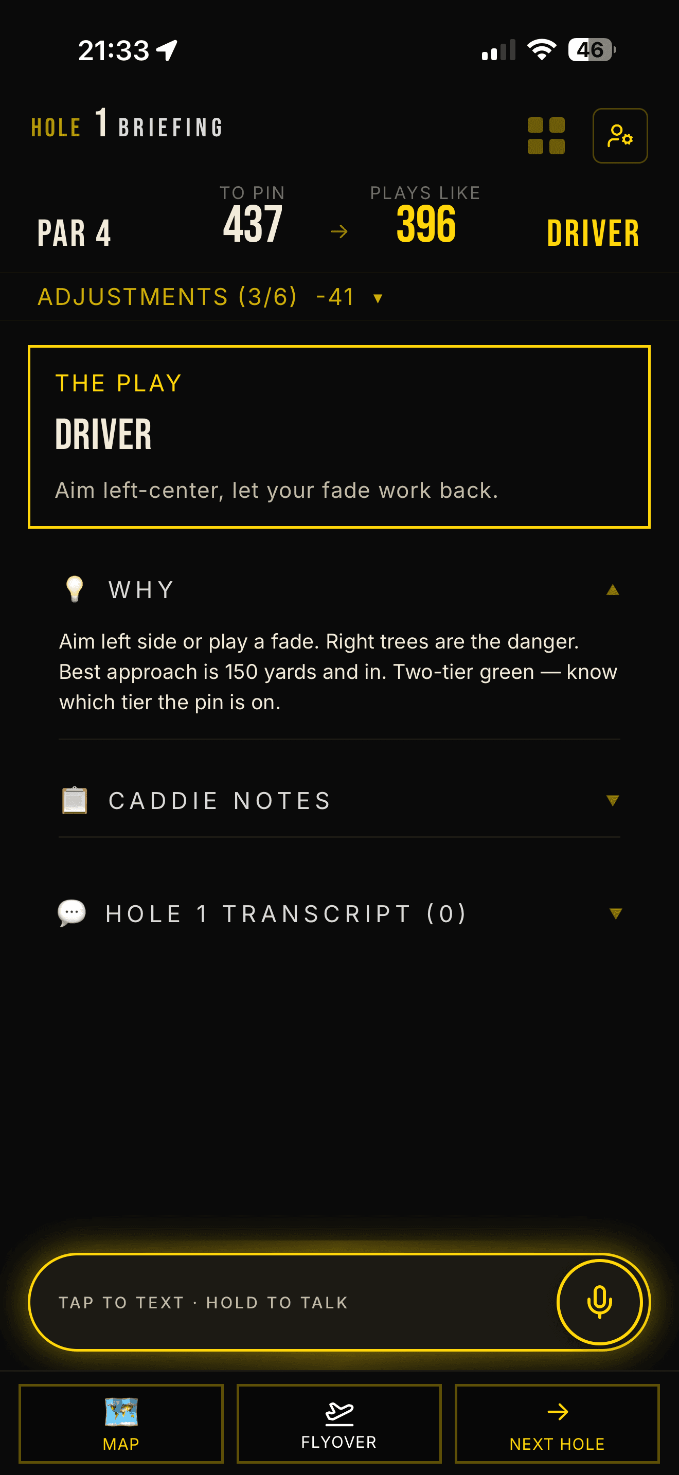 Master Caddies — the hole brief: the True Shot yardage, the club, and the play